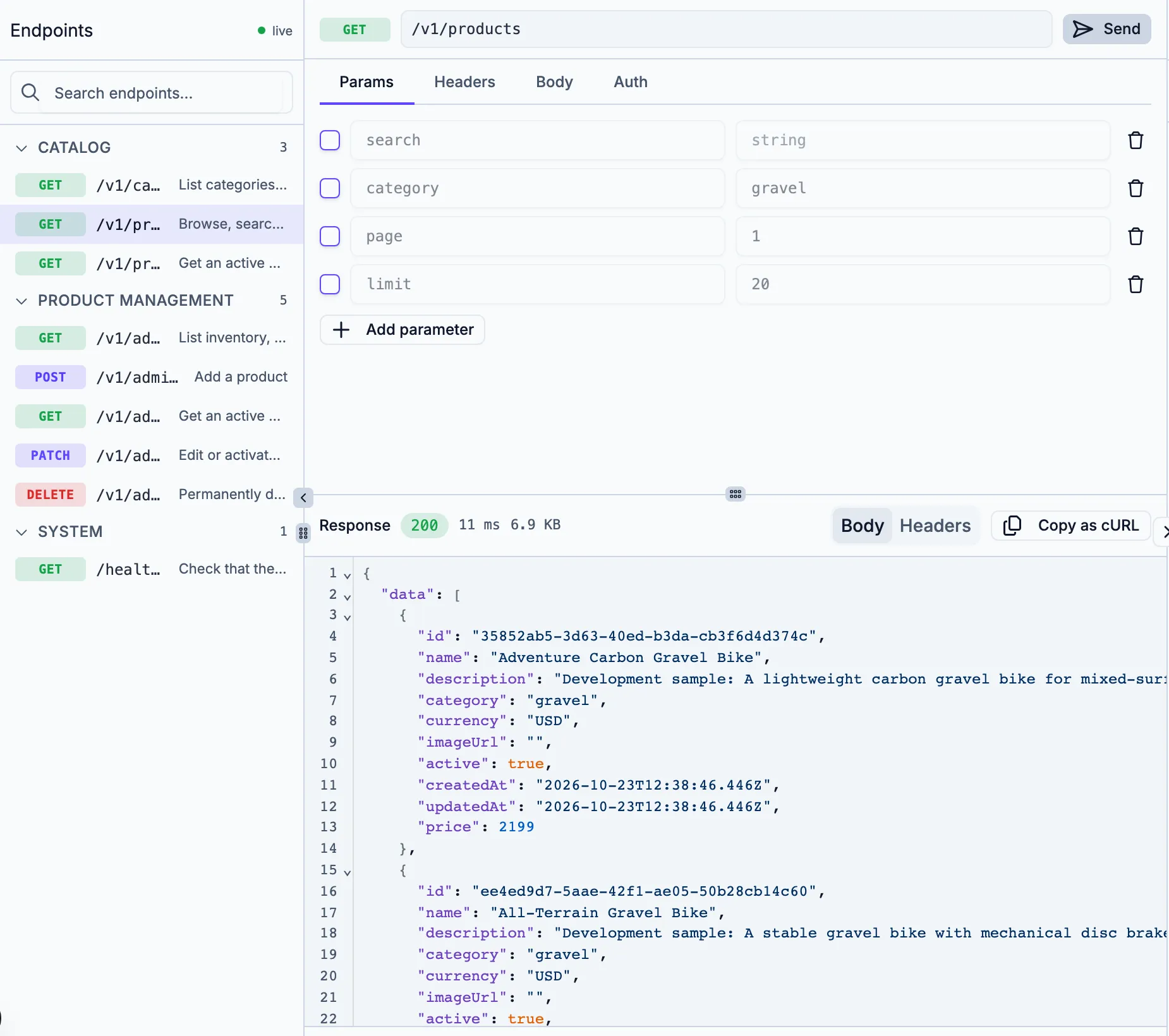 The API console with Catalog, Product management, and System endpoint groups, and a 200 response from GET /v1/products listing gravel bikes