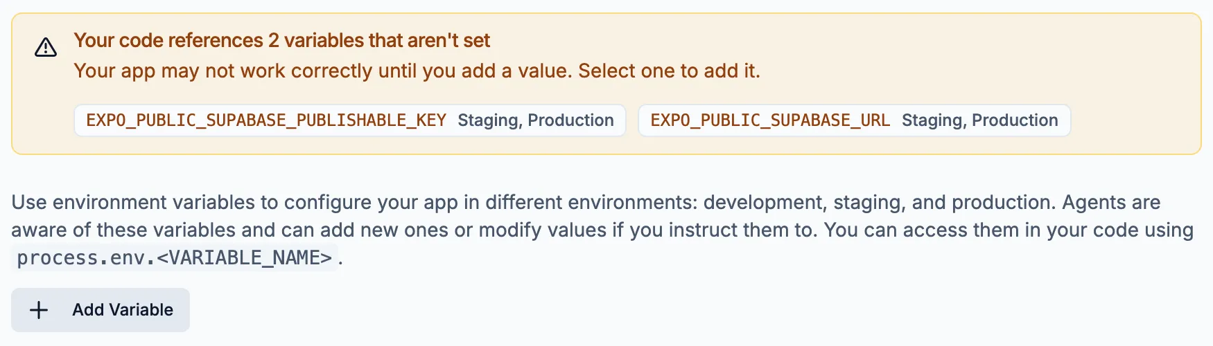 Build Config warning that EXPO_PUBLIC_SUPABASE_PUBLISHABLE_KEY and EXPO_PUBLIC_SUPABASE_URL aren't set for Staging and Production
