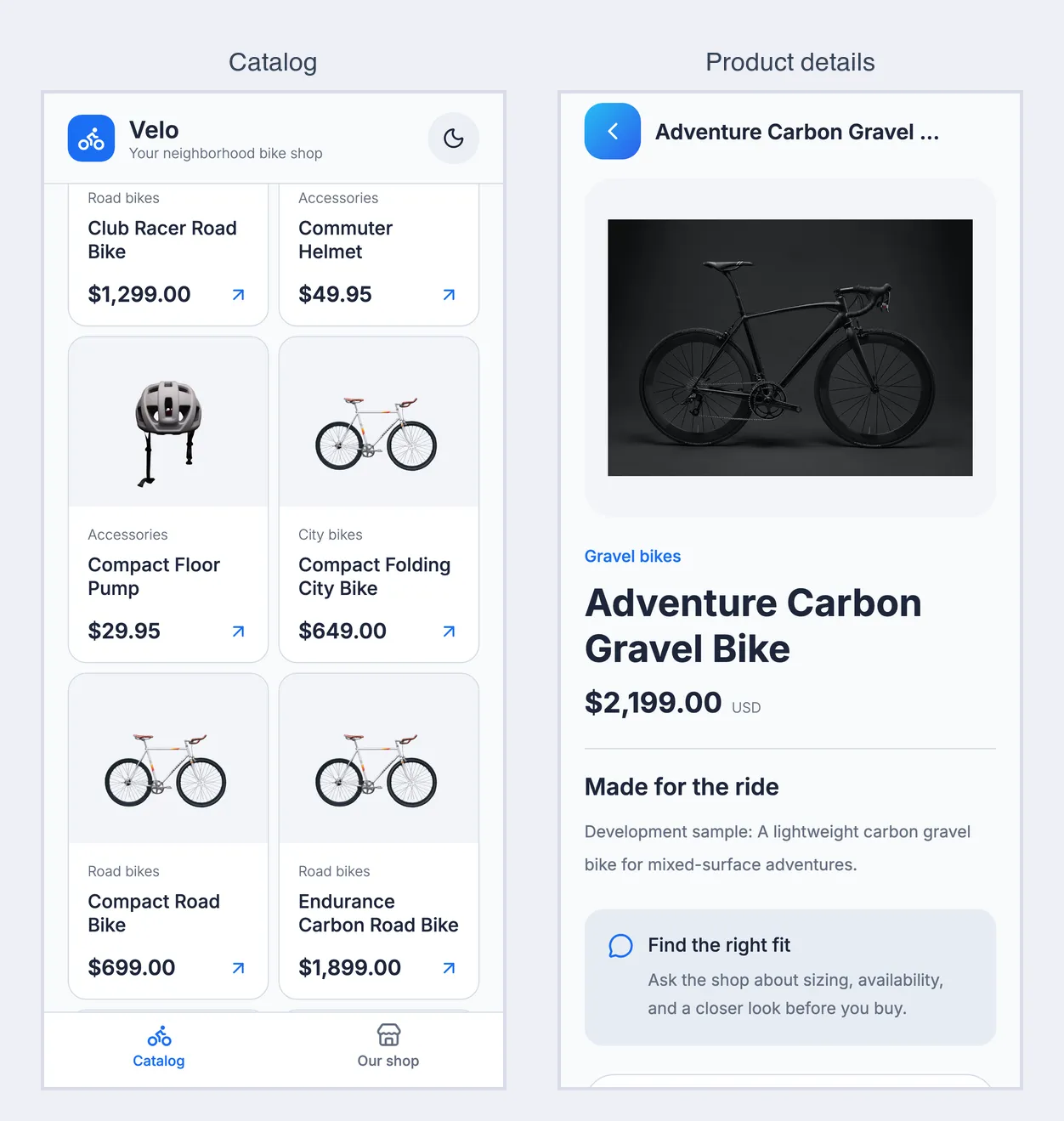 The Velo app's catalog grid with bikes, a helmet, and a pump, and a product page for the Adventure Carbon Gravel Bike at $2,199.00