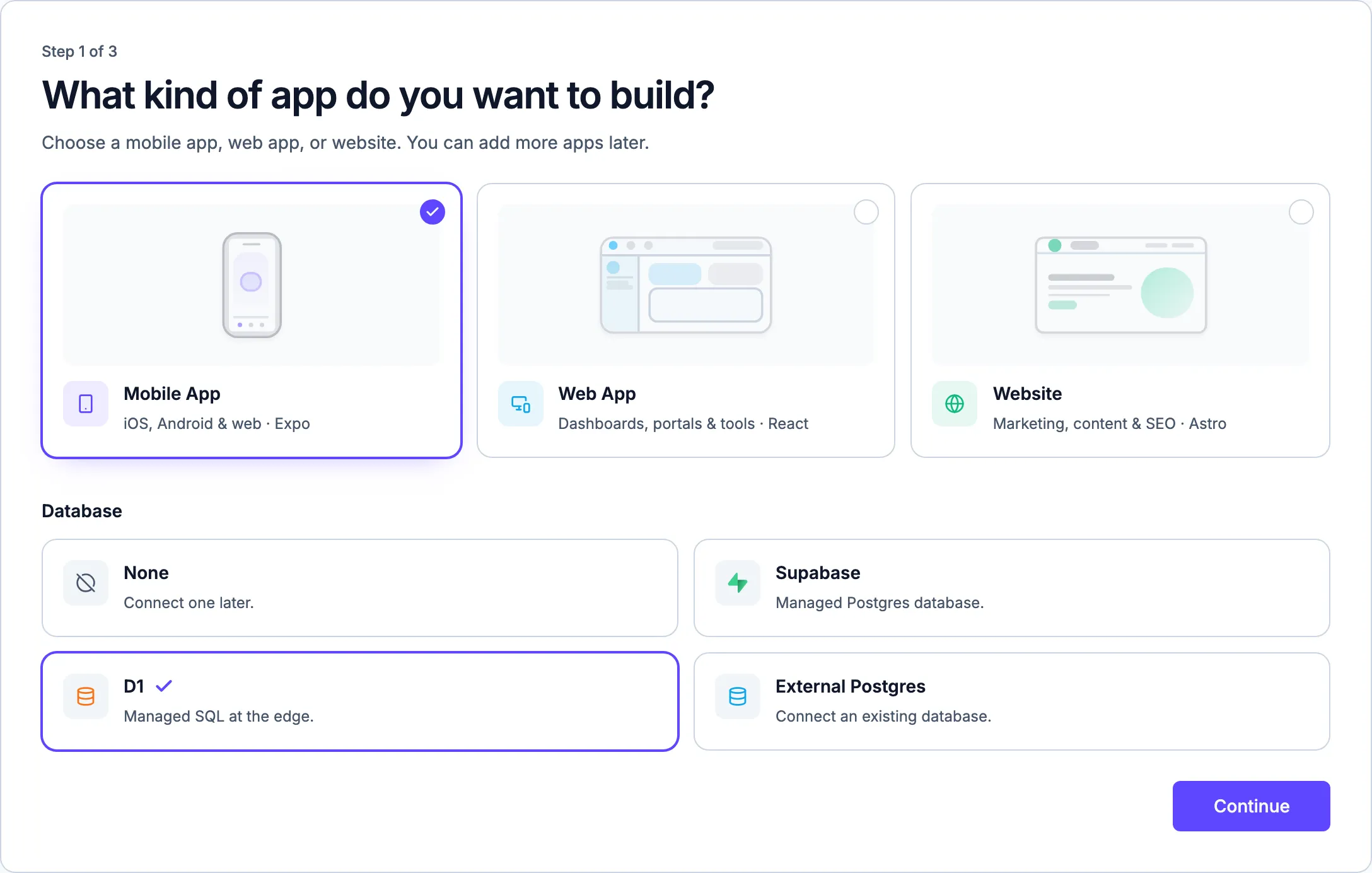 The Create New Project wizard with Mobile App and the D1 database selected