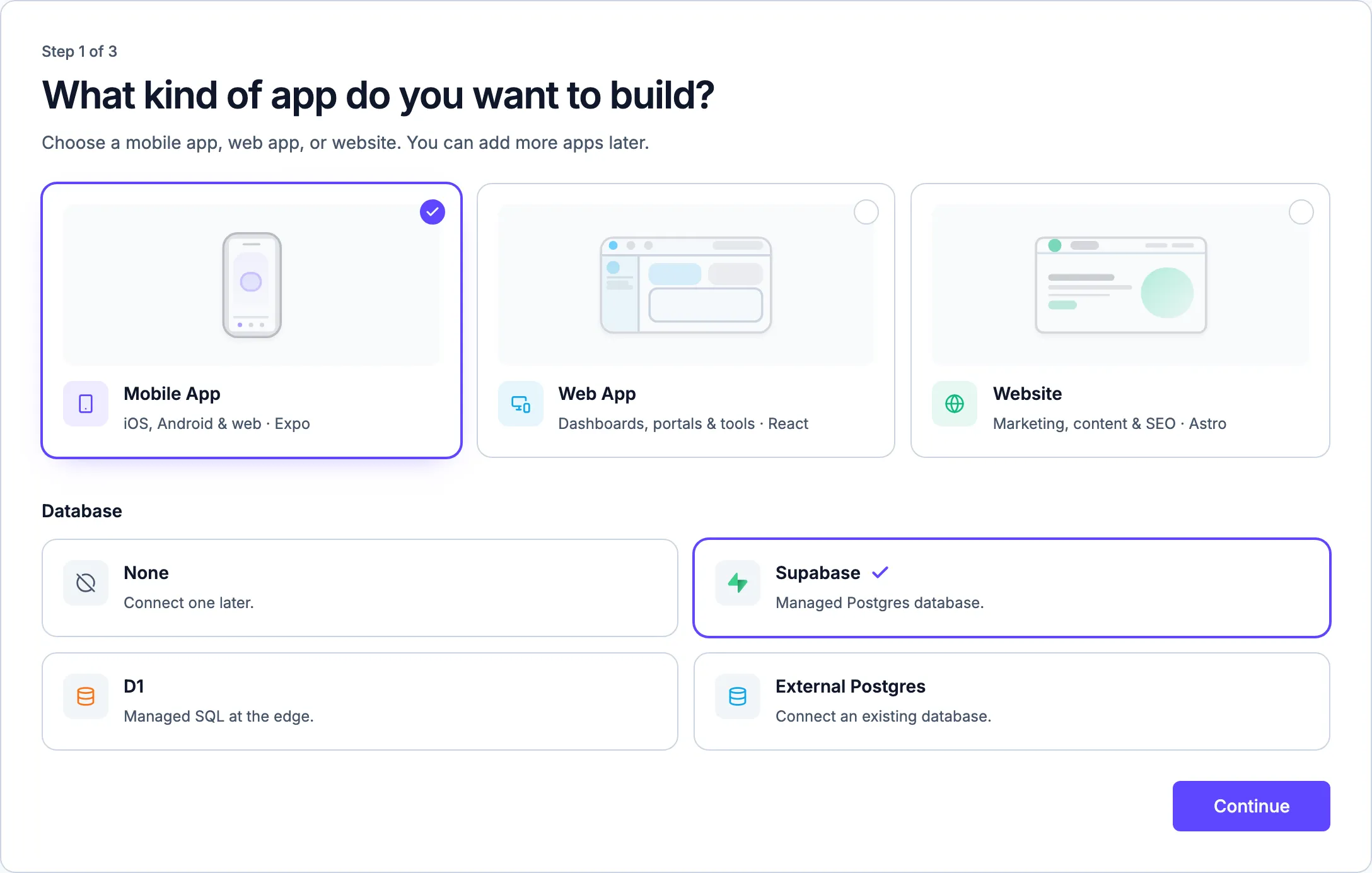 The Create New Project wizard with Mobile App and the Supabase database selected