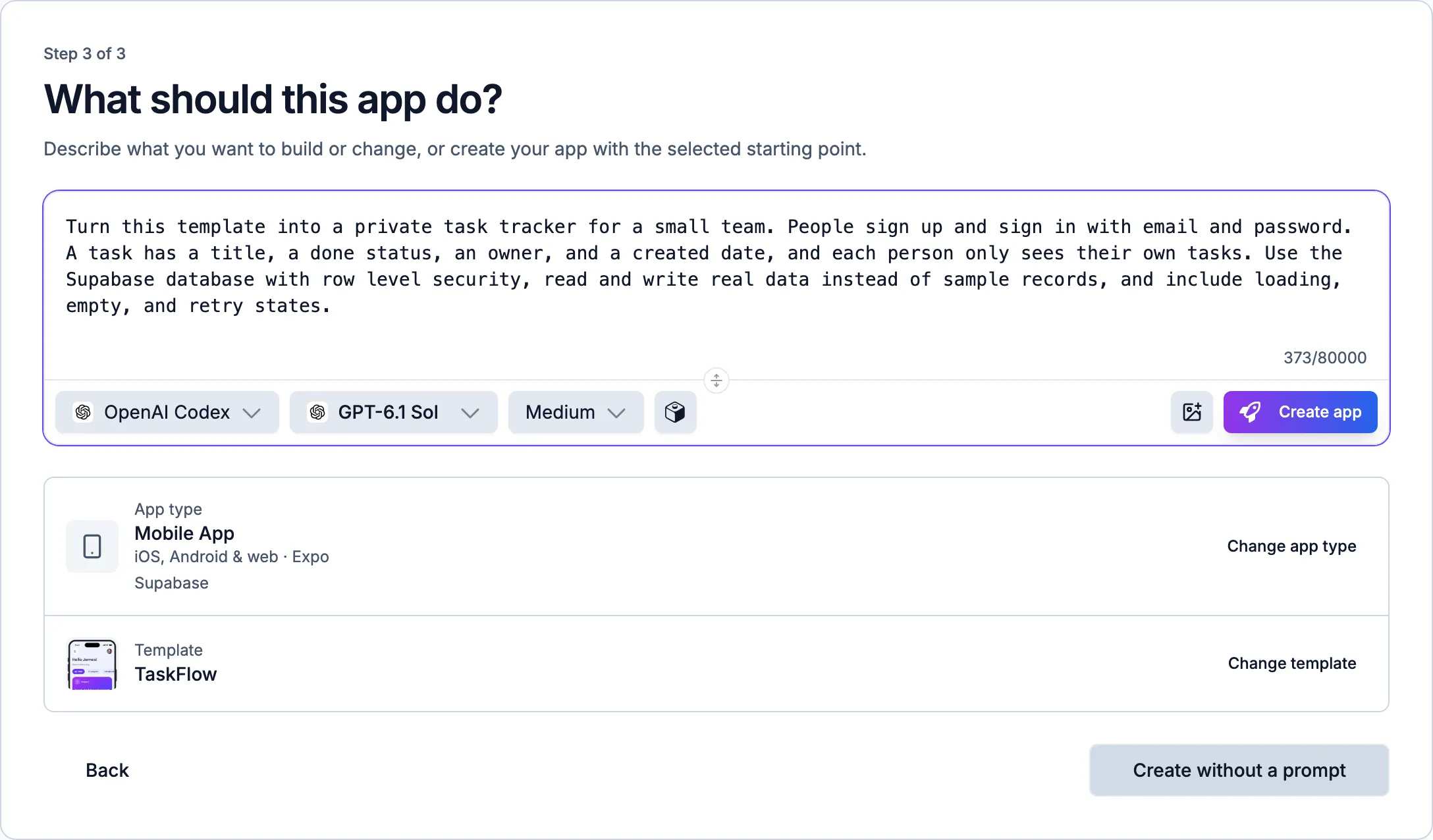 Step 3 of the wizard with the task tracker prompt, the Mobile App type with Supabase, and the TaskFlow template