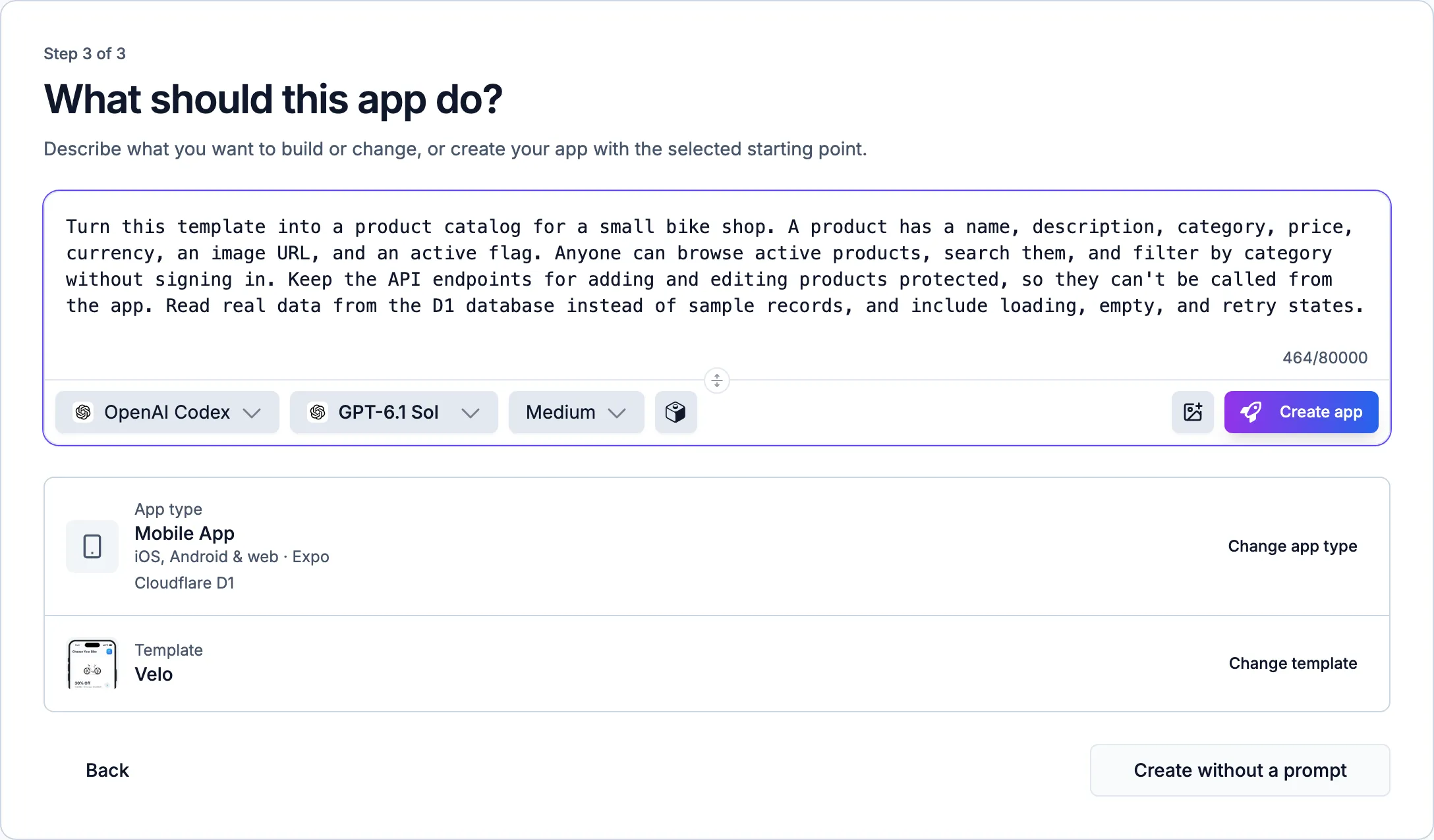 Step 3 of the wizard with the bike shop prompt, the Mobile App type with Cloudflare D1, and the Velo template