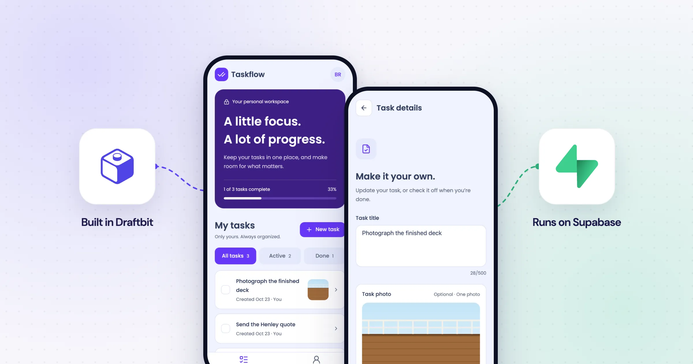 The Taskflow app on two phones, a task list and a task with a photo, between the Draftbit and Supabase logos