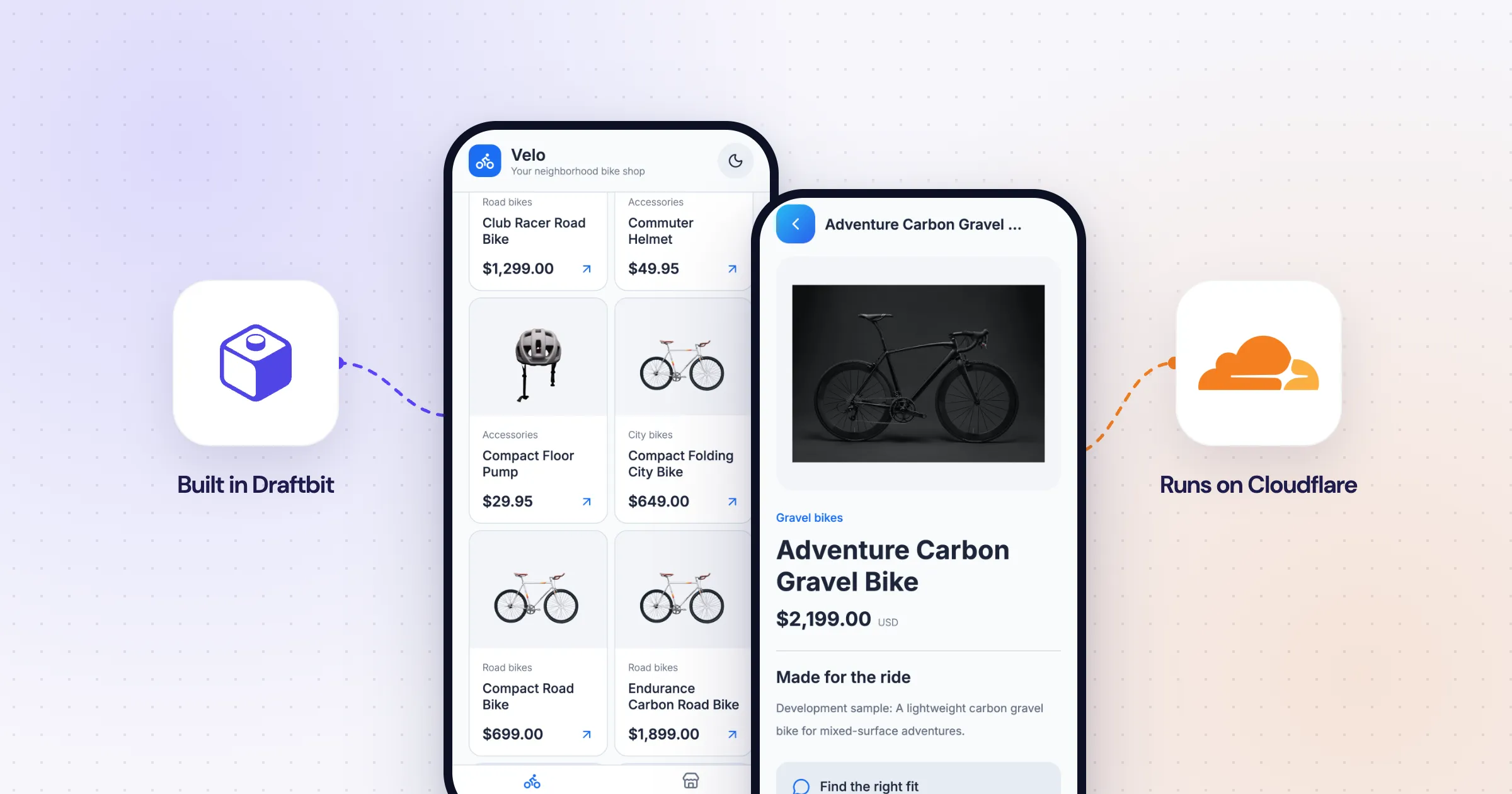 The Velo bike shop app on two phones, a product grid and a product page, between the Draftbit and Cloudflare logos