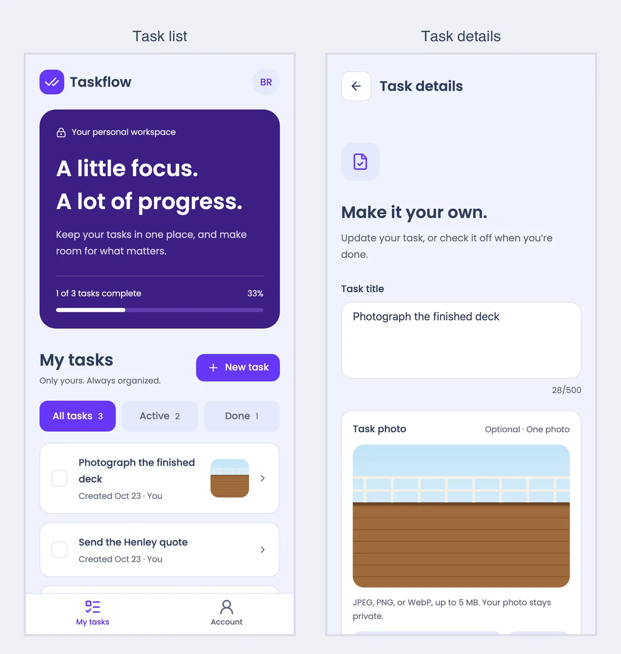 Taskflow's task list with a deck photo next to one task, and that task's details showing the photo