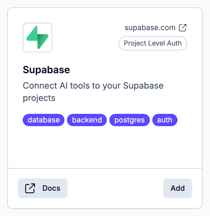 The Supabase card on the MCPs tab of Draftbit's Integrations page, with its Docs and Add buttons